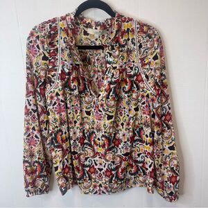 Loft Floral Top Medium Colorful Fun Lightweight Casual Work Blouse Long Sleeve